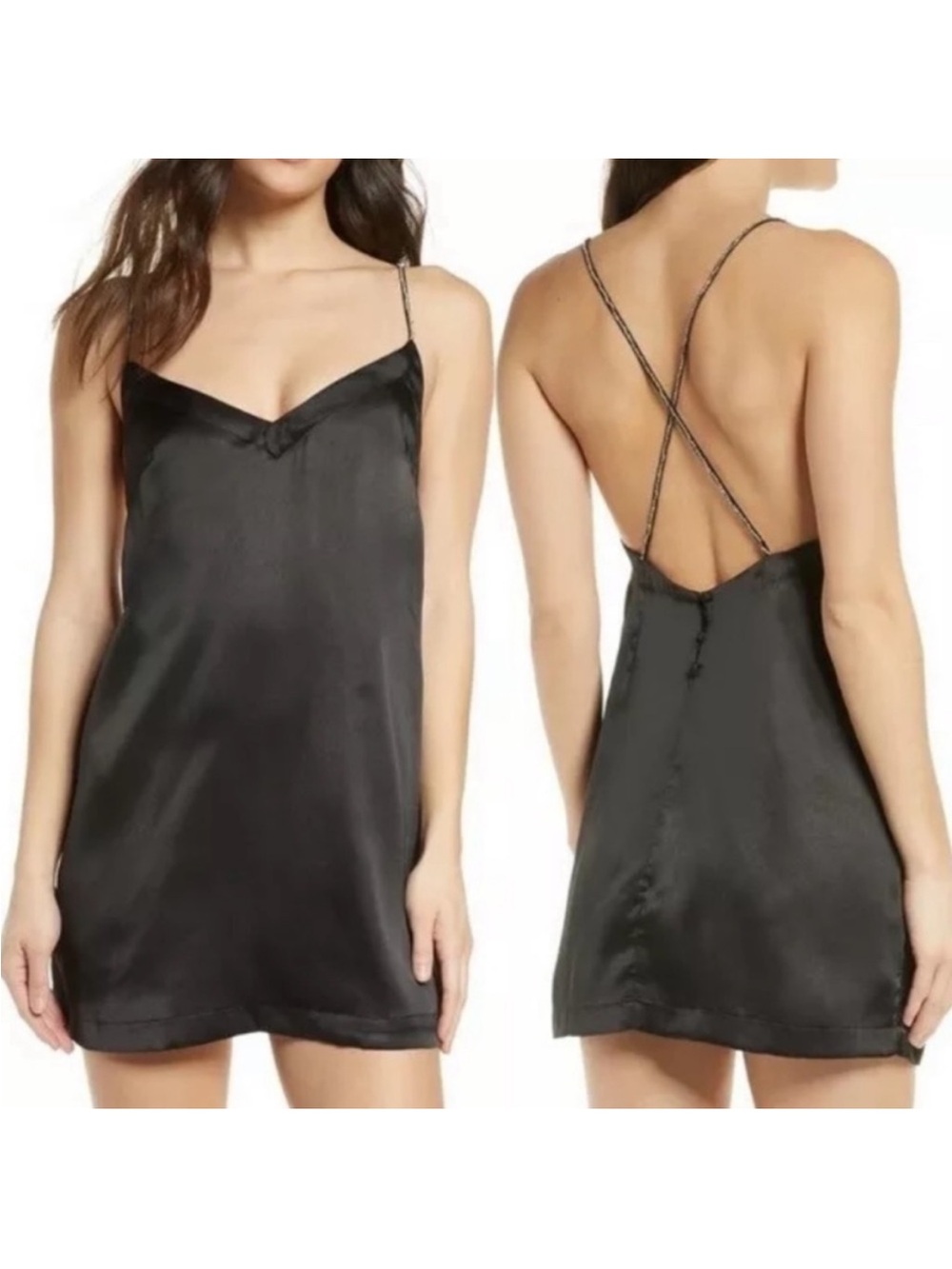 Free people Black Satin Slip Dress with Crisscross Back